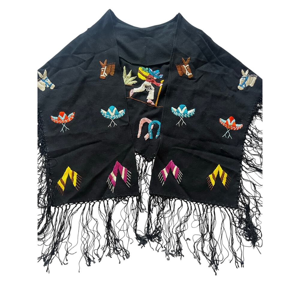 Vintage 1950s Mexican Tourist Cape Shawl Wool Hand Embroidered Folk Art Sombrero